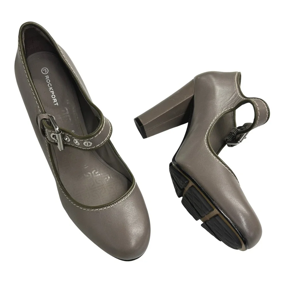 Rockport Leather Mary Jane Block Heel Pumps Buckle 10 Taupe Dark Academia Twee